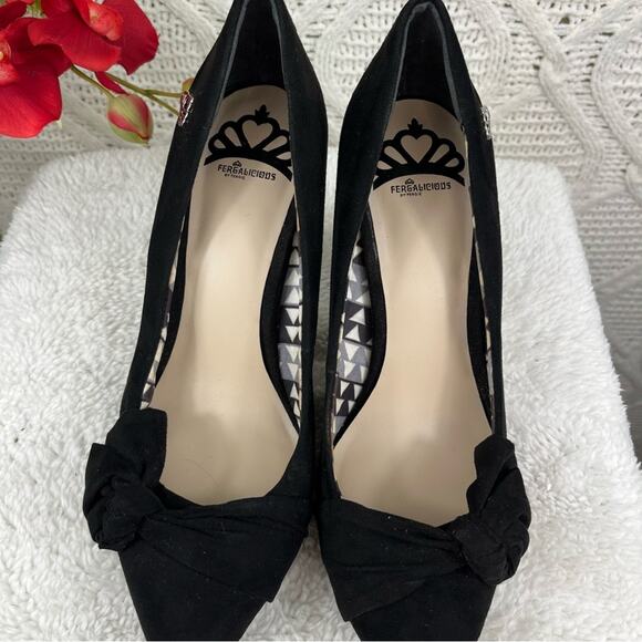 FERGALICIOUS Black Pointed Toe Faux Suede Tie Stiletto Heel Pumps Sz 7.5 Formal - Picture 4 of 9
